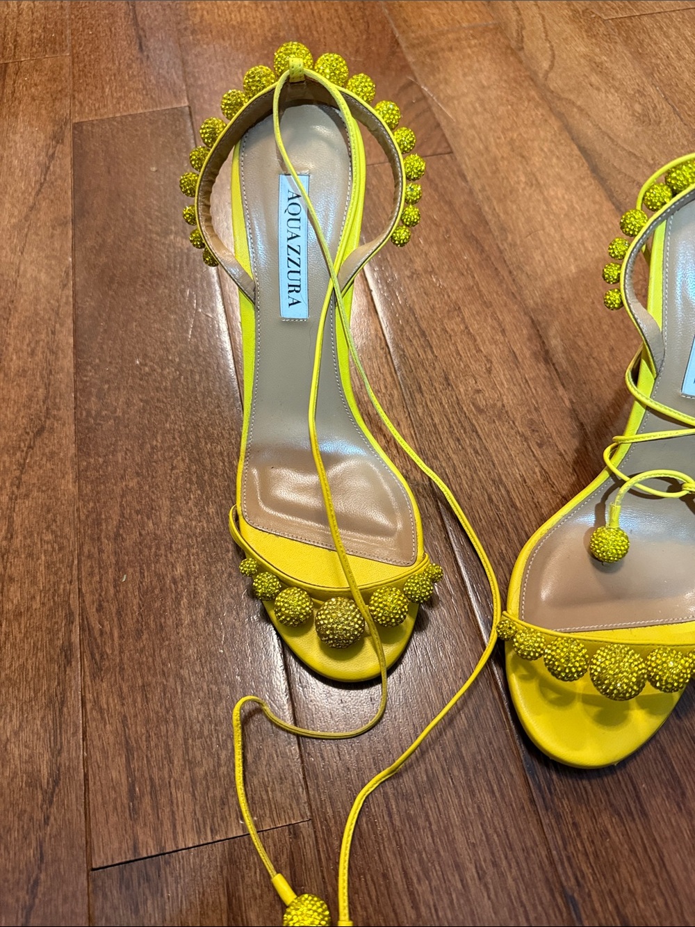 Aquazzura Yellow Pom-Pom Lace-Up Heels - Picture 4 of 7